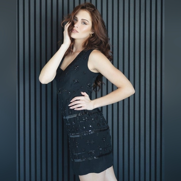 French Connection Milena Beaded Shift Dress Gatsby Black 0 Cocktail Part Retro - Picture 1 of 13